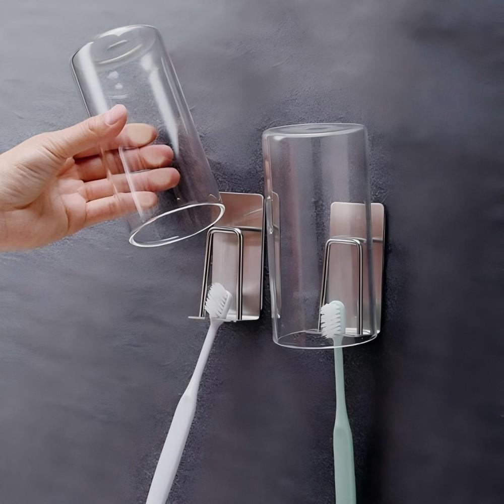 1 Piece Stainless Steel Toothbrush Wash Cup Holder, Home Perforation-Free, Wall-Mounted, Bathroom Shelf Storage Rack