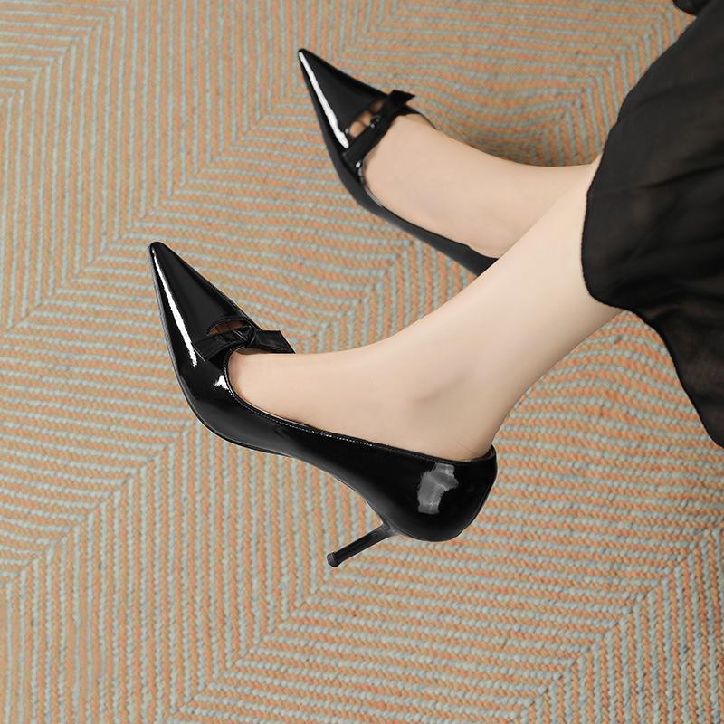 Nude Patent Leather High Heels Women's Spring Summer New Stiletto with Skirt Bow Versatile Temperament High-end Single Shoes