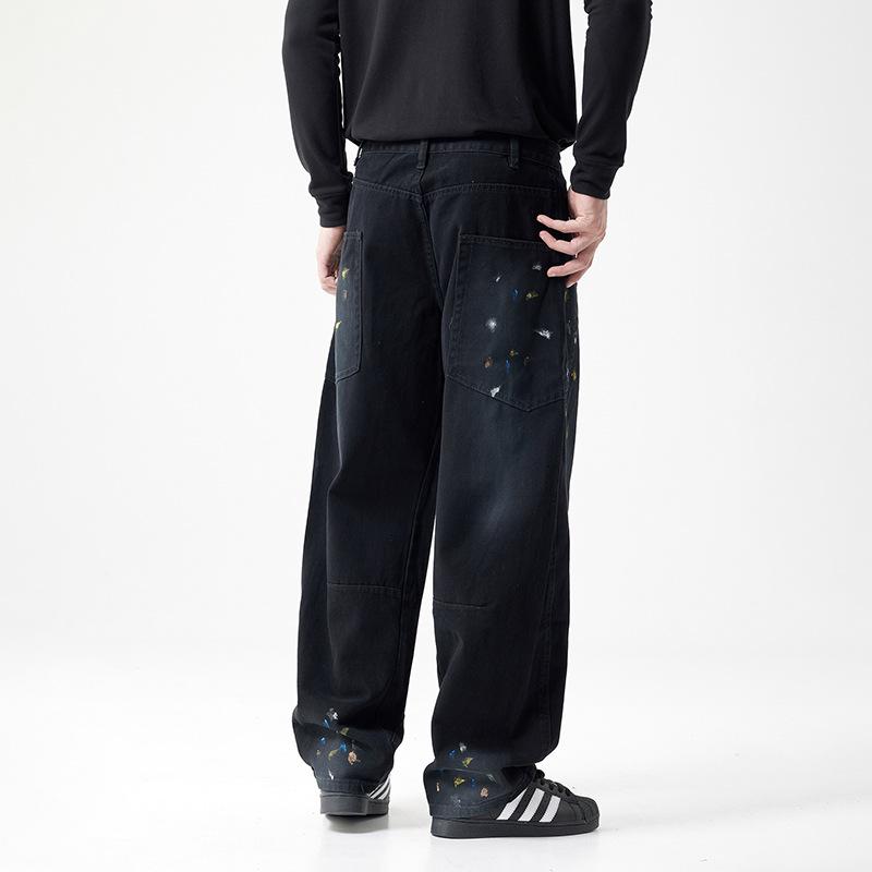 American street ink splashing denim hip hop wide-leg hand-painted jeans men's loose straight casual scimitar pants