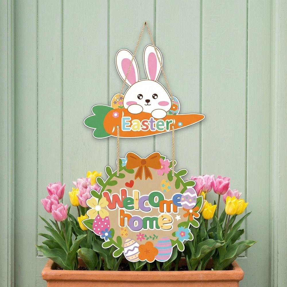 Colorful Easter Welcome Sign Cartoon Easter Hanging Ornament Bunny Egg Decor  Front Door