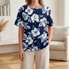 Women's Floral Print Short Sleeve Shirt Henley Button Neck Chest Pocket Casual Linen Cotton Blended Top for Summer