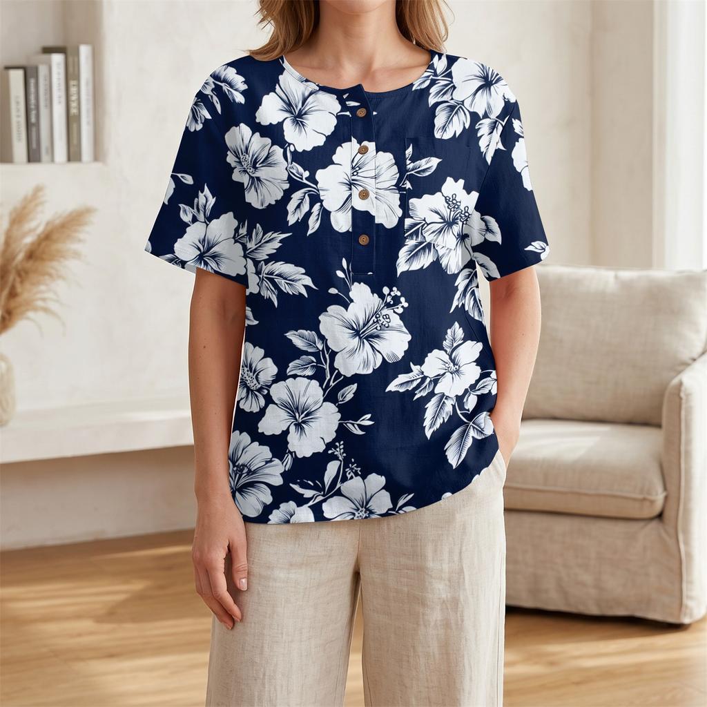 Women's Floral Print Short Sleeve Shirt Henley Button Neck Chest Pocket Casual Linen Cotton Blended Top for Summer