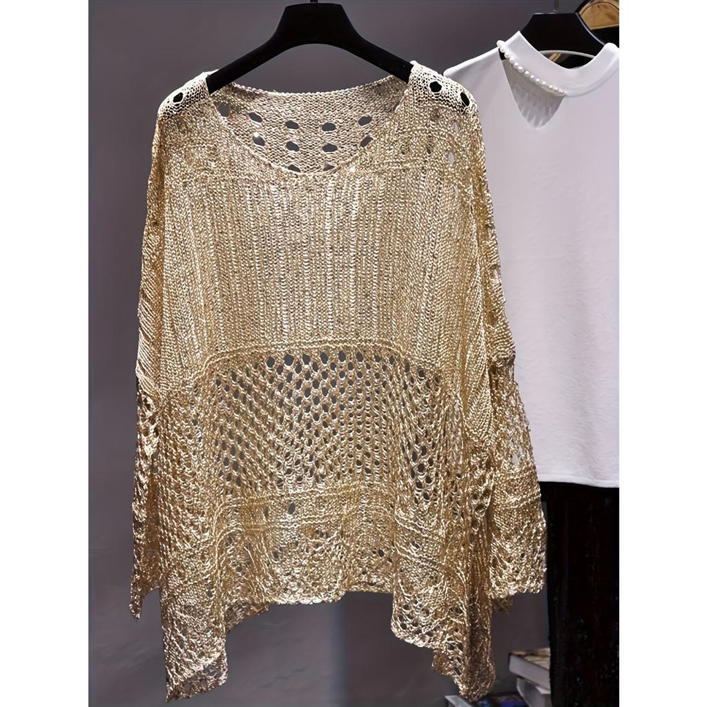 Plus Size Women's Crochet Hollow Out Knit Sweater, Spring Summer Fashion Casual Versatile Age-reducing Top