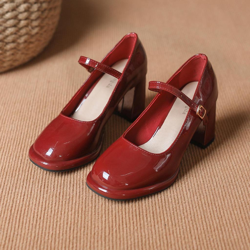 Plateau-High-Heels aus Rindsleder im Mary-Jane-Stil für Damen – wasserdicht, Retro, mit Schnallenriemen und dickem Absatz