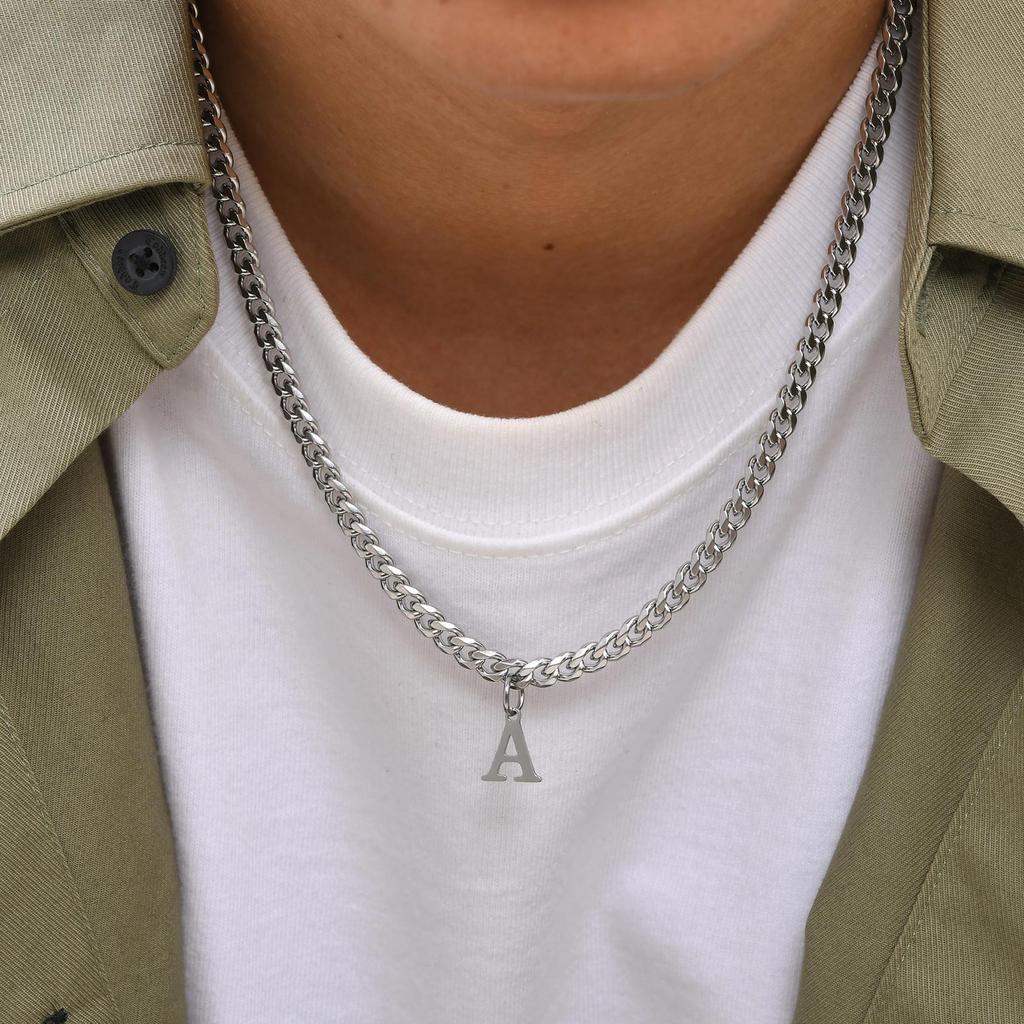 Initials Cuban Chain Necklaces for Men Boys,Waterproof A-Z 26 Alphabet Charm Pendant with 50cm/19.7" Stainless Steel Chain Gifts
