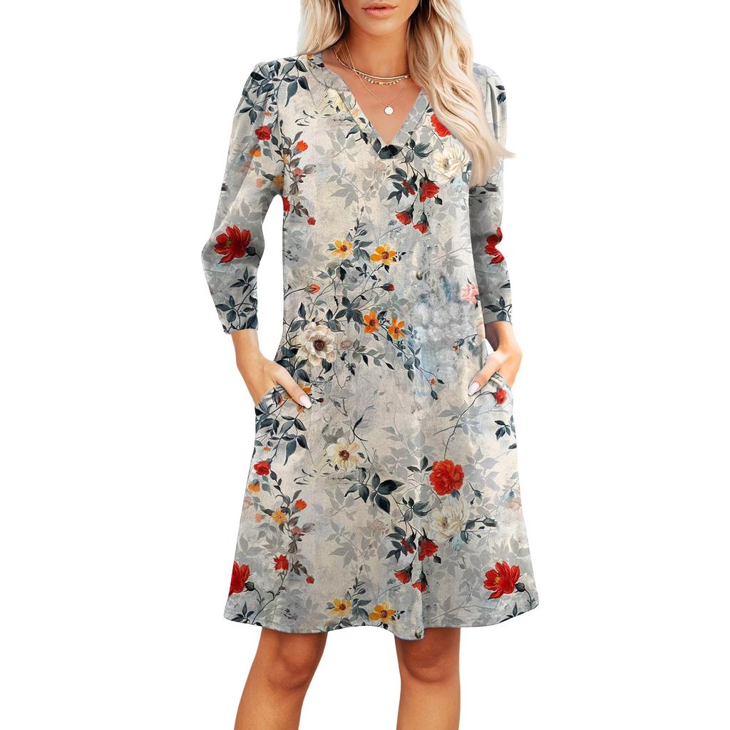 Women's Fashion V-neck Casual Beach Dress Three-quarter Sleeves Floral Print Dress