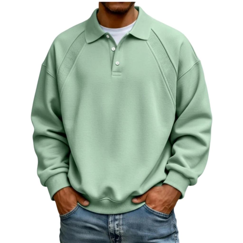Men's Long Sleeve Sweatshirt with Button and Ribbed Trim Casual Pullover Top