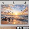 2D, Beach Sunset-themed Background Fabric, Featuring Golden Sandy Beach, Azure Sea Water, Crashing Waves, and Coconut Tr