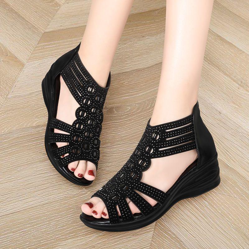 

Women s Summer Wedge Sandals New Roman Style Rhinestone Peep Toe Mid-Heel Soft Sole Open Toe 35 чёрный
