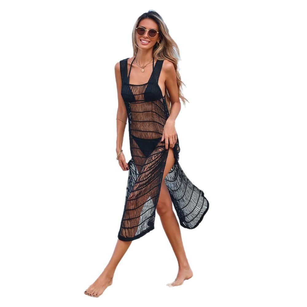 Strap Dress with Side Slit, Long Hollowed Out Bikini Outerwear, Beach Skirt