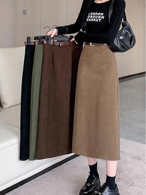 Damen Cord Midirock mit hoher Taille: Frühlings-/Herbst-Schlankheits-A-Linie mit Schlitz