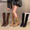 Fashion Thick Heel Pleated Women Knee High Boots Sexy Pointed Toe Stripper Party Shoes Slip On Modern Long Botas Para Mujer