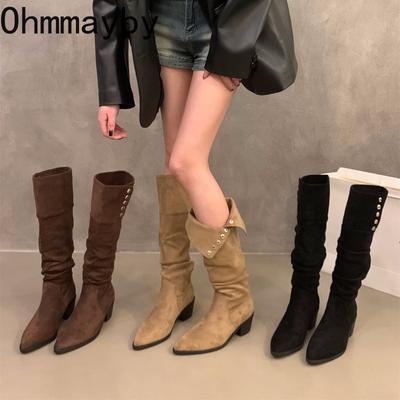 Fashion Thick Heel Pleated Women Knee High Boots Sexy Pointed Toe Stripper Party Shoes Slip On Modern Long Botas Para Mujer