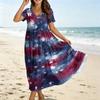 Women’s Short Sleeve V Neck Maxi Dress with Star and Stripe Print Loose Fit Casual A Line Long Dress for Summer Daily Wear
