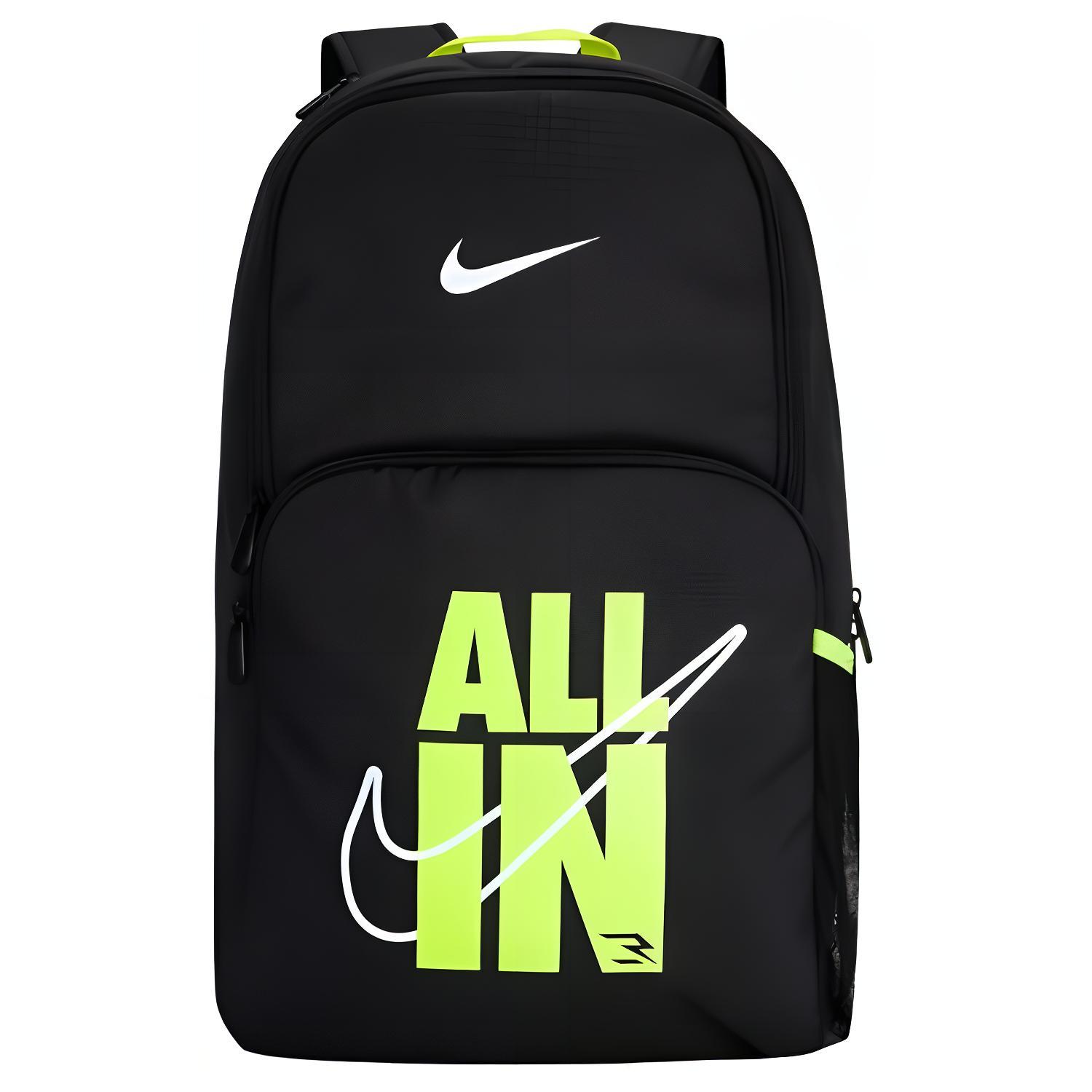 Nike 3Brand Series Letter Multi-Pocket Printed Large Capacity Polyester Backpack Unisex Backpack Black Lime NY2413020GS-002 Jet Black/Lime Rush,One Size