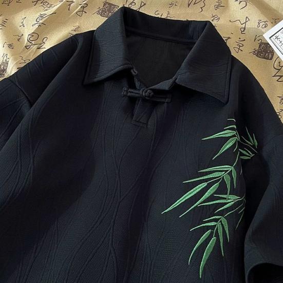 Men's Chinese Style T-Shirt Short Sleeve Lapel Tee Shirt Retro Loose Fit T-Shirt with Bamboo Embroidery Pattern for Daily Wear Street