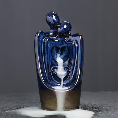 Ceramic Backflow Incense Burner Blue Kiln Variation Aromatherapy Furnace with Abstract Couple Design Perfect Valentine's Gift