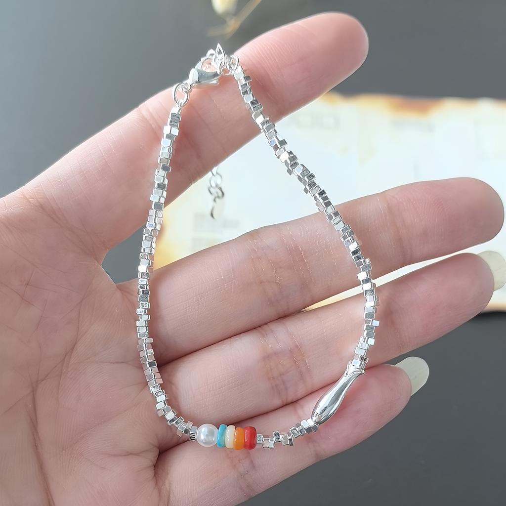 925 Silver Multicolour Bead Bracelet For Women Three Layers Geometry Drip Glaze Versatile Jewelry Dropship