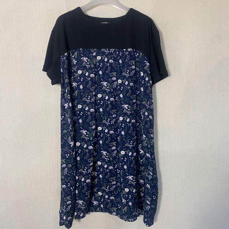 Export Original Order Leftover Stock Tencel Rayon Printed Stitching Short Sleeves Dress Female Loose Plus Size Mid Length Long Length Tops Summer