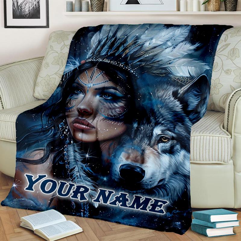 1PC Custom Name Native Spirit Wolf flannel blanket versatile,all-season throw suitable for the living room,bedroom,camping,travel,and gift