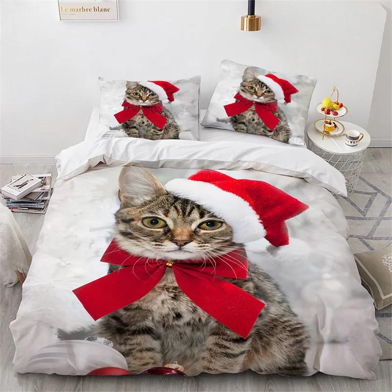 Cat Merry Christmas Santa Claus Bedding Set Boys Girls Twin Queen Size Duvet Cover Pillowcase Bed Boys Adult Home Textileextile