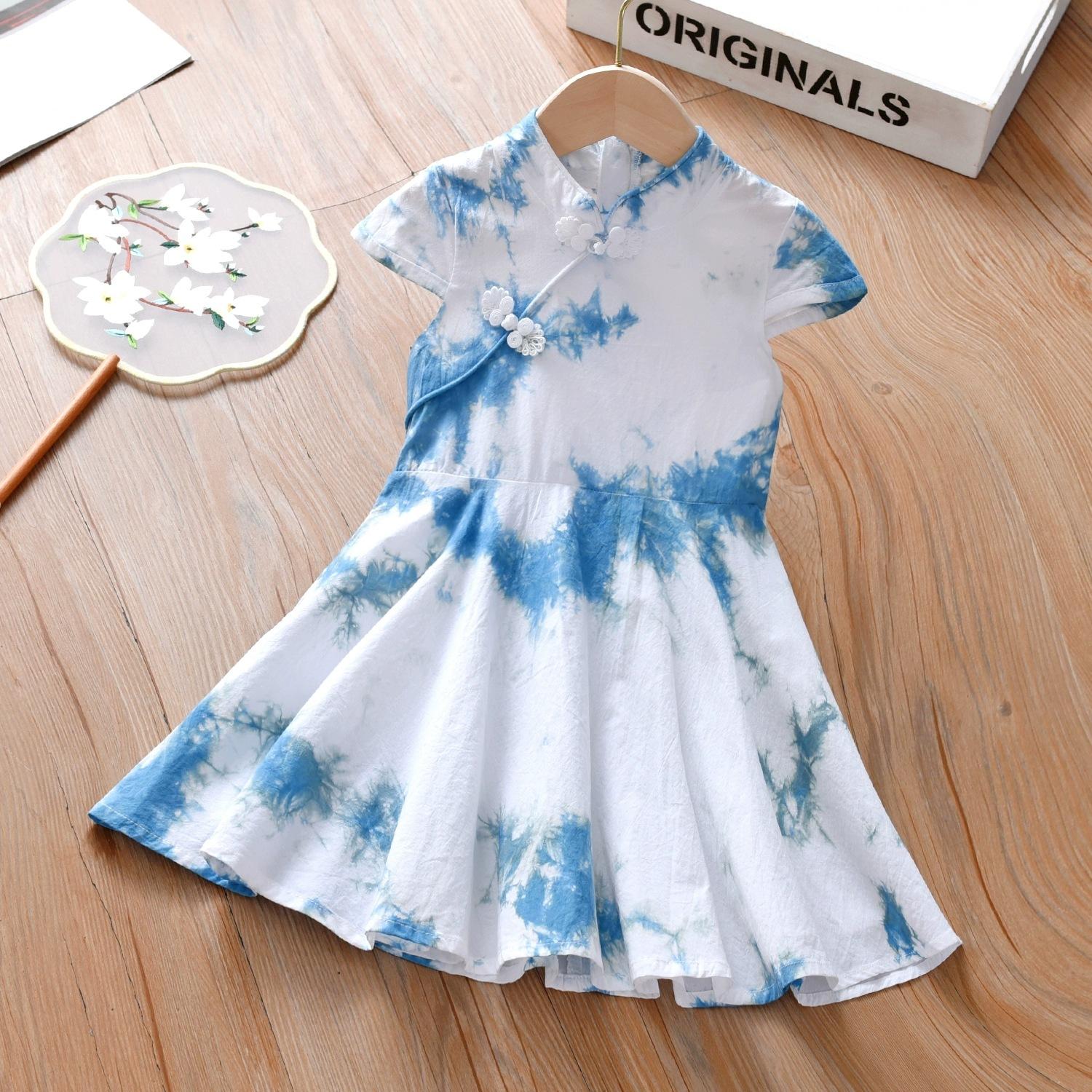 Girls Summer Blue Dyed Hanfu Dress Kids Handmade Plant Tie Dye White Ancient Costume Princess Dress 90cm