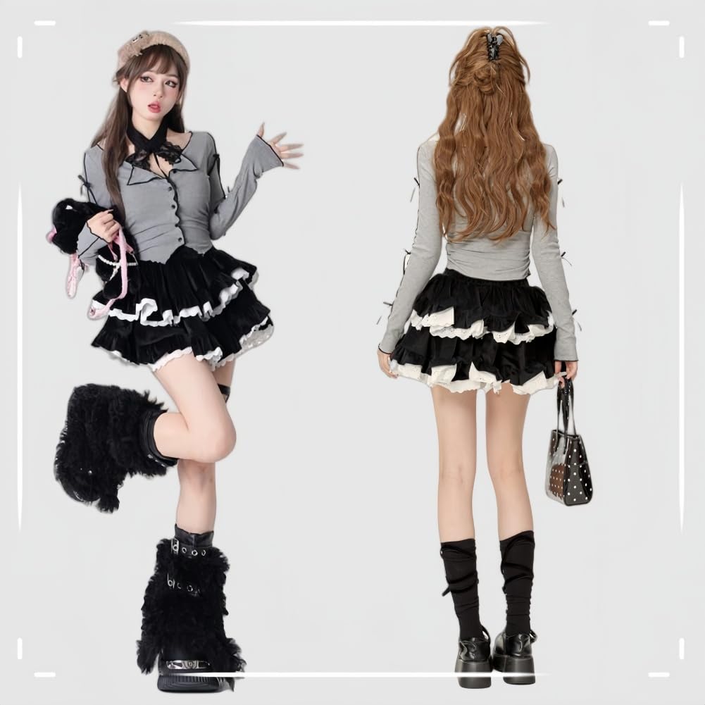 EDREES Top and Mini Long Holder Gothic Korean Princess Street Gal Fall Photo Women's 2-Piece Set, Skirt, Mass-Produced Style, Sleeves, Above-the-Knee,