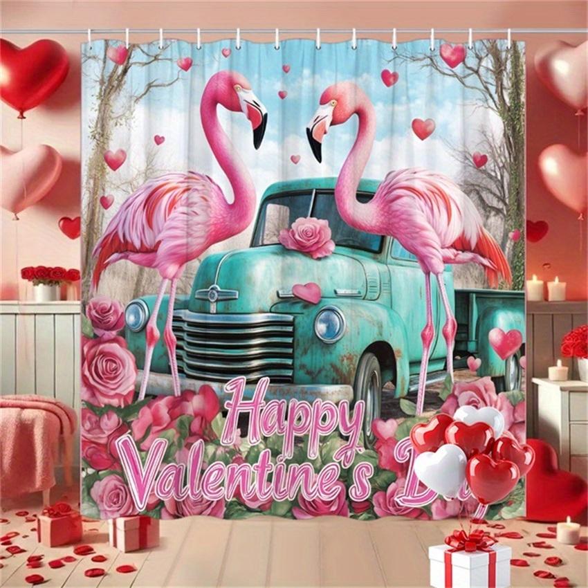 1pc Flamingo Valentine Shower Curtain - Green Truck, Romantic Design, Polyester, Includes Hooks, 70.8x70.8"