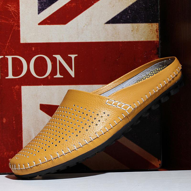 

Мужские тапочки из натуральной кожи, нескользящие, повседневные летние туфли, модные полуботинки для мужчин, дышащие, легкие мужские мокасины 40