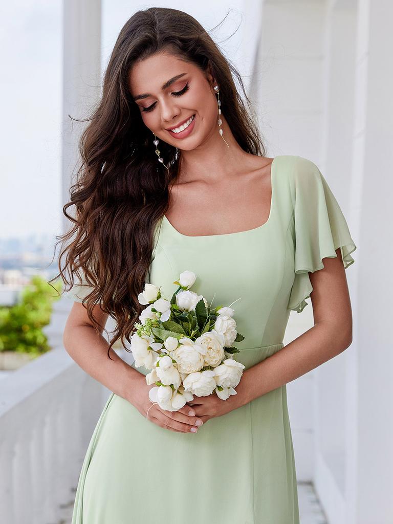 Ever-Pretty Women's U-Neck Backless Frenulum Knotting Short Sleeves High Slit A-Line Bridesmaid Dress Chiffon Evening Dresses