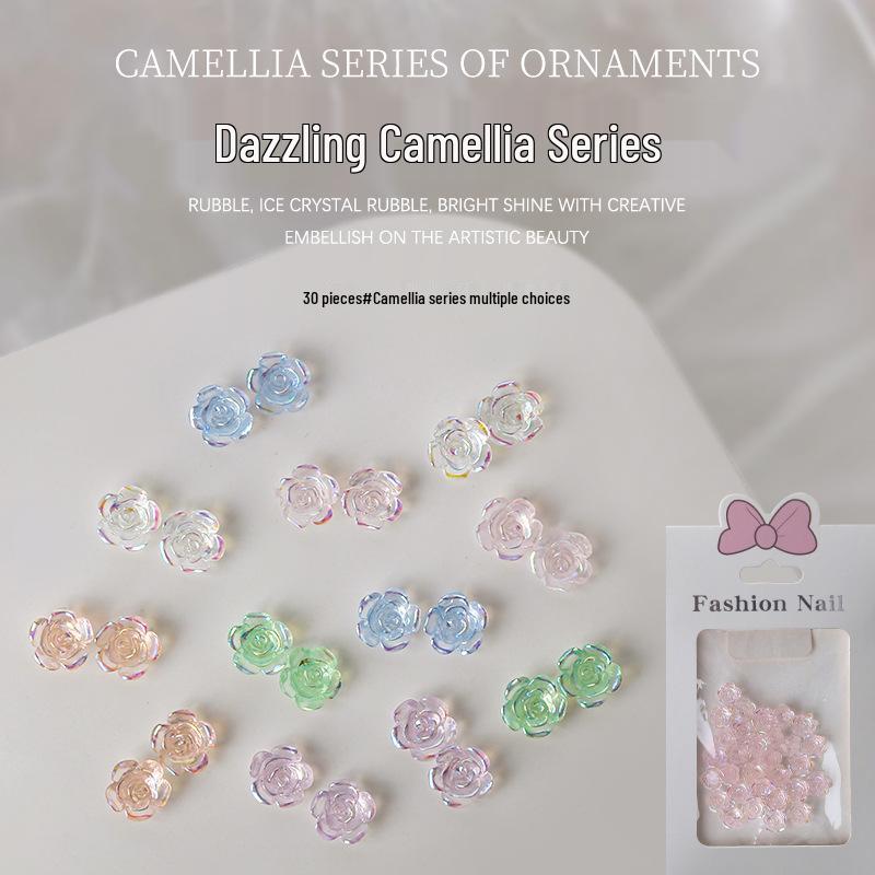 

Camellia Rhinestone Nail Art Decorations - Iridescent 3D Flower Accessories, 30pcs