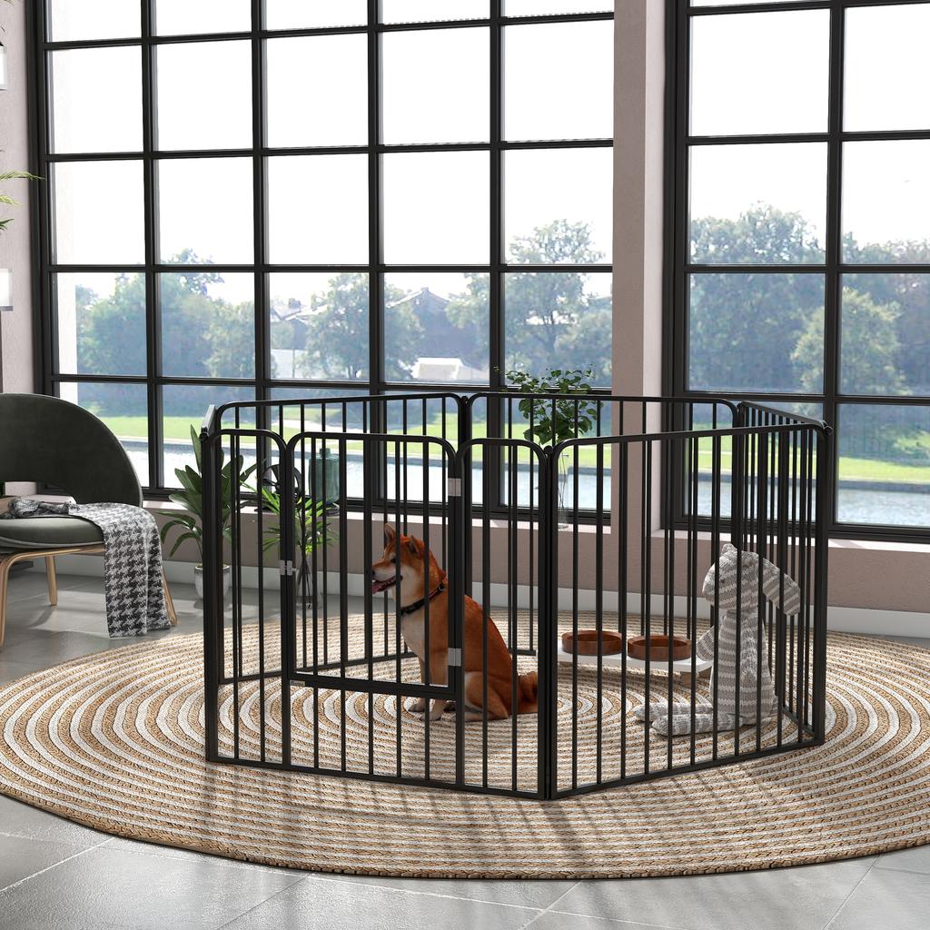 6-Panel Modular Dog Playpen for Indoor and Outdoor, In Steel, 164x83x80 Cm, Black
