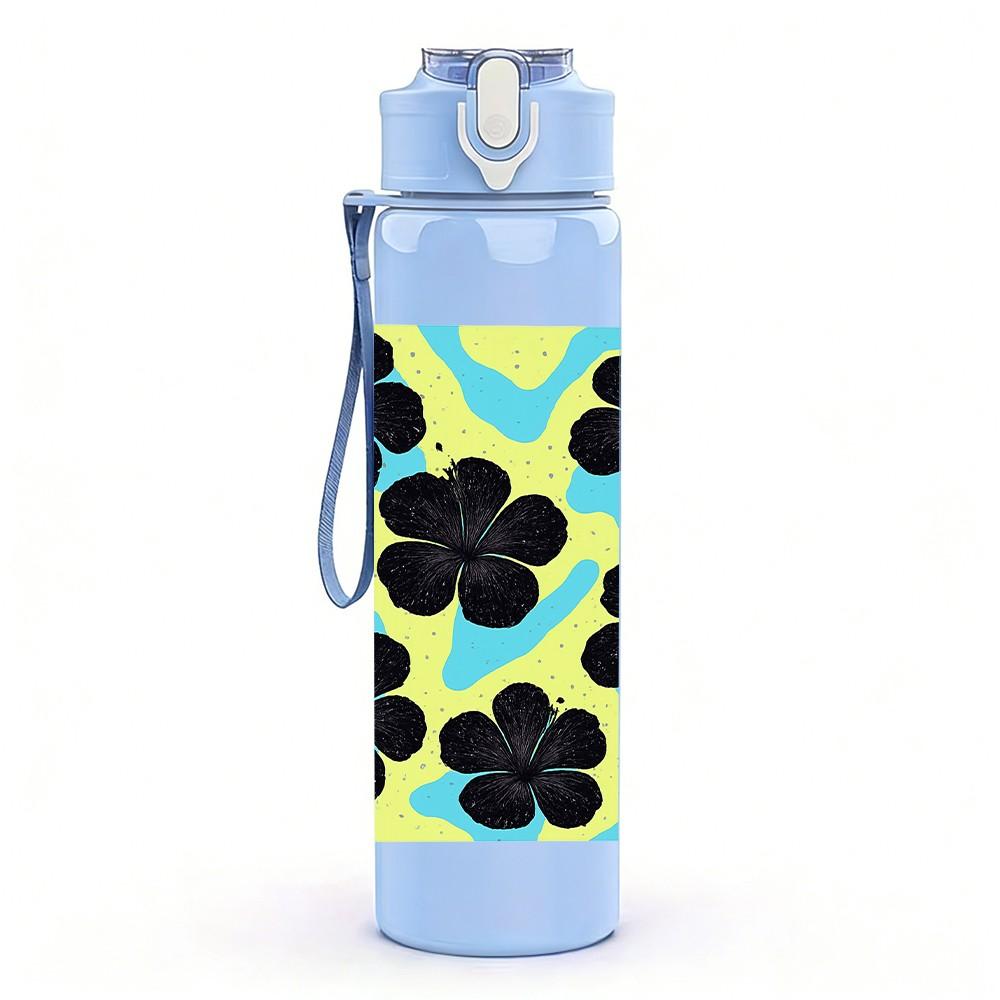 1PC Black Yellow Flower Tile Pattern Print 750ml Color Plastic Sports Water Bottle Leakproof Flip Straw Lid Suitable for Sports Office Home Use