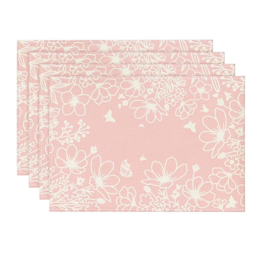 Pink Bloom Flowers Summer Placemats Set of 4, 12x18 Inch Seasonal Spring Table Mats for Party Kitchen Dining Pink Decoration