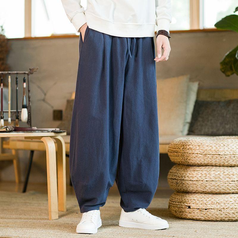 Bawełniano-lniane spodnie haremki jednolity kolor luźne duże spodnie do biegania dresowe oddychające podstawowe streetwear