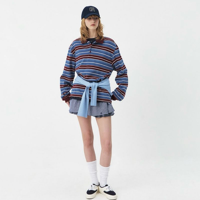 Zbzr New Fall Women's Clothing Fashion Wind Polo Collar Loose Casual Contrast Color Long Sleeves Stripes T-shirt-