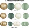 Paper Lanterns Decorations for Rustic Party Bridal Shower Wedding Sage Green Birthday Party Supplies Gold/Ivory/Sage Green 15pcs