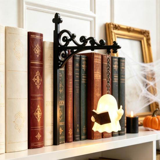 Retro Reading Corner Lamp Library Lantern Bookshelf Lamp, Vintage Metal LED Nightlight for Book Nook Decor, Gothic Home Decor Ghost Book/Wearing