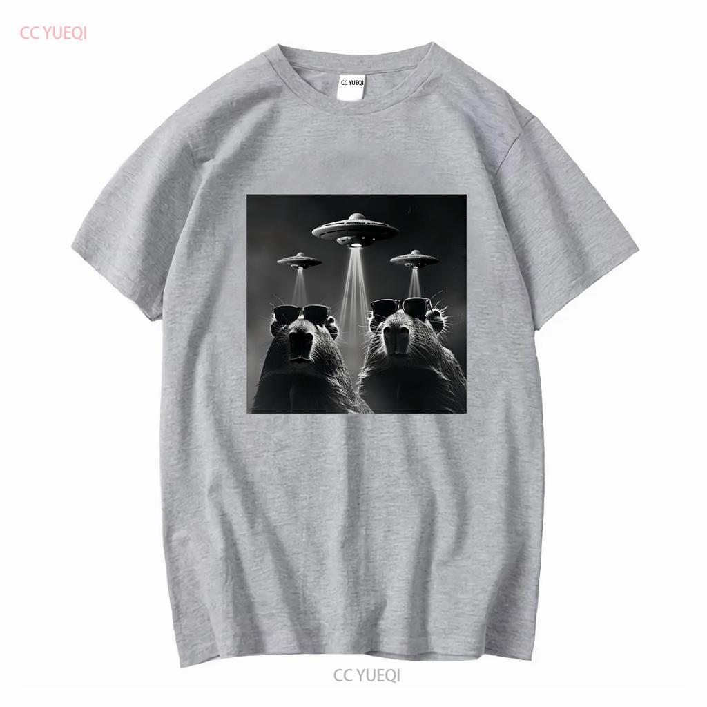 Capybara T Shirt Retro Selfie with UFO Funny Alien Plus Size 5xl 4xl 3xl Long or Short Sleeves Vintage Washed Stylish