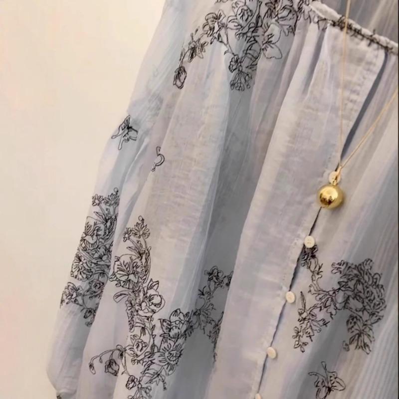 New Chinese Style National Style Embroidered Blue Long-sleeved Shirt for Women Loose and Lazy Style Top High-end Light Luxury