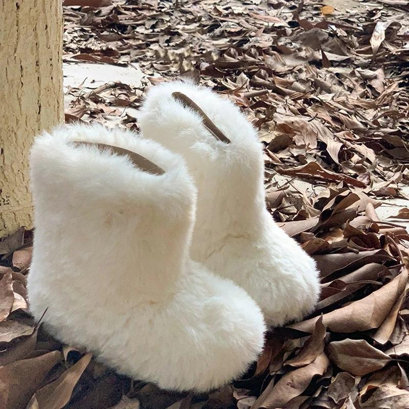 Fluffy varme plysjstøvler Baby jenter Luksus tykke pels støvletter Småbarn Barn Vintermote Rund tå Slip-on utendørs bomullssko