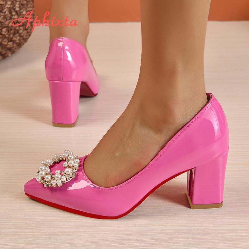 Fashion Aphixta New 7cm Square Heel Baby Pink Pearl Crystals Buckle Patent Leather Women Pumps Officile Pointed Toe Shoes Big Size 35-53