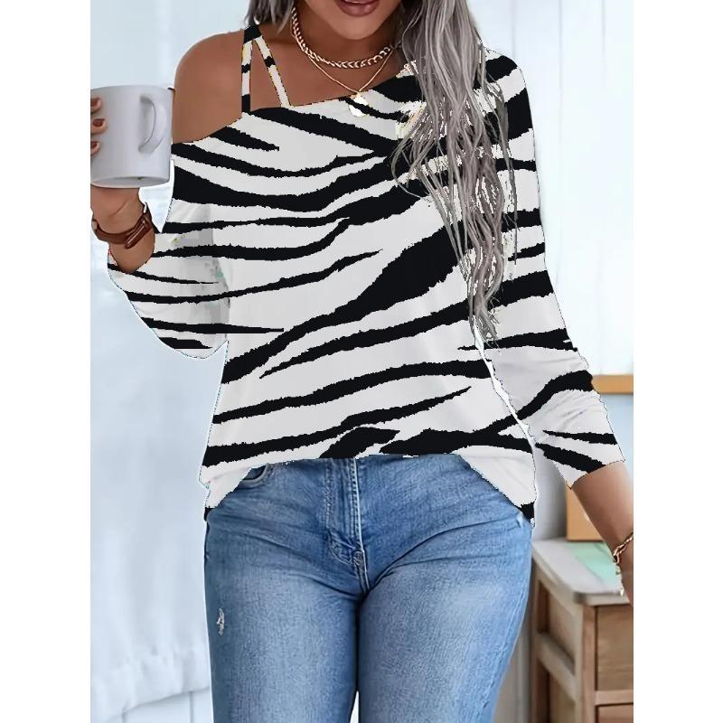 Women's Spring, Autumn and Winter Models Zebra Print Strapless Collar Long-sleeved T-shirt Tops