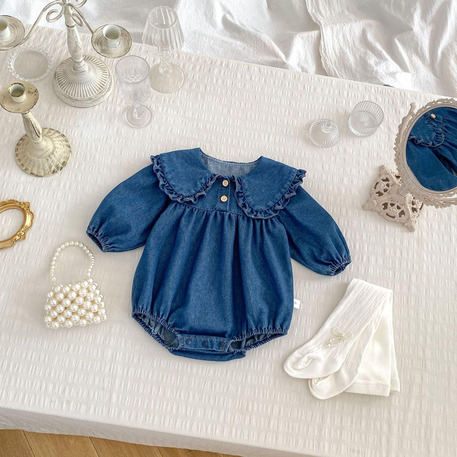 Autumn Baby Girl Denim Romper Dress Long Sleeve Ruffle Collar Princess Outfit Sister Matching Clothes 66