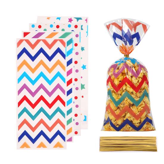 100Pcs Colorful Candy Bags Assorted Dot Stripe Star Pattern Cellophane Treat Bags