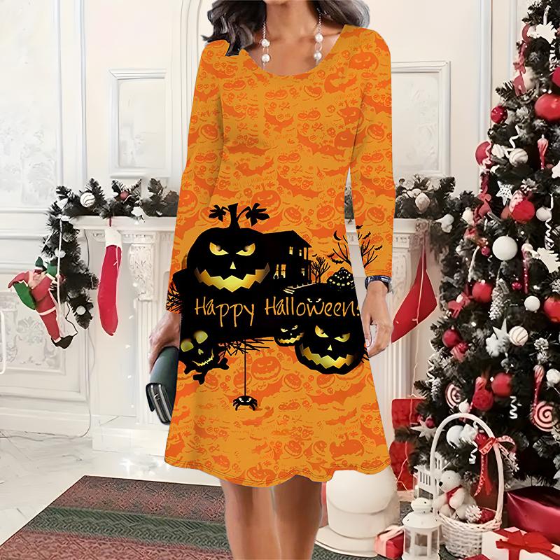 

2025 Осень и Зима Новое Повседневное Женское Платье с Круглым Вырезом 3D Хэллоуинский Узор Идеальный Подарок на Хэллоуин Рождество 8XL