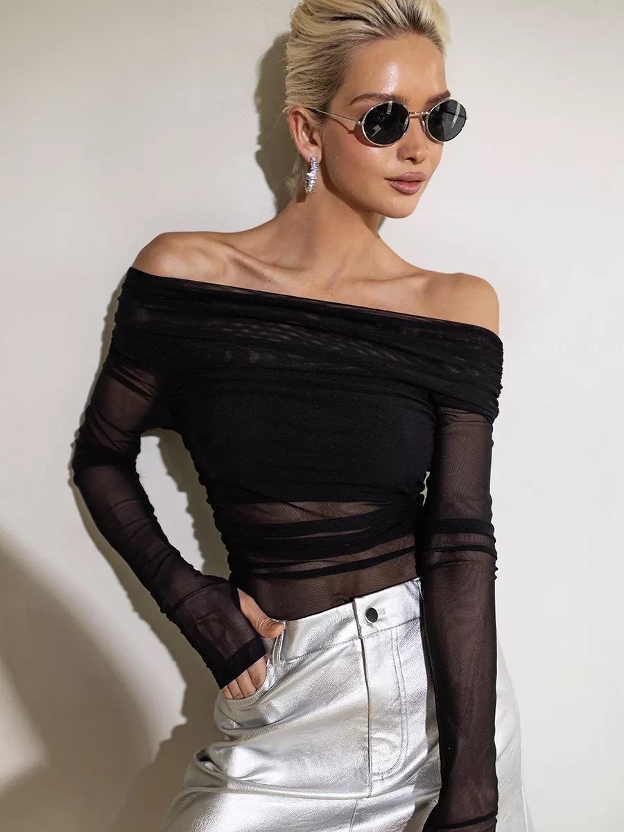 

European & American Women s Fashion Autumn/Winter One-Shoulder Sexy Mesh Long-Sleeve T-Shirt Large чорний