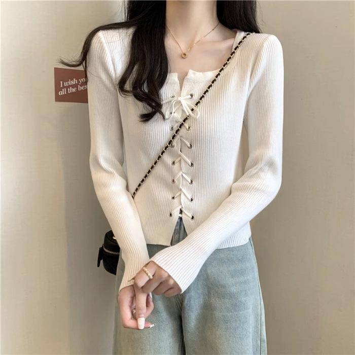 Podzimní a zimní nový čtvercový límec se zavazováním, smysl pro design, výklenek, mašle, tenký top svetru s dlouhým rukávem, dámské oblečení