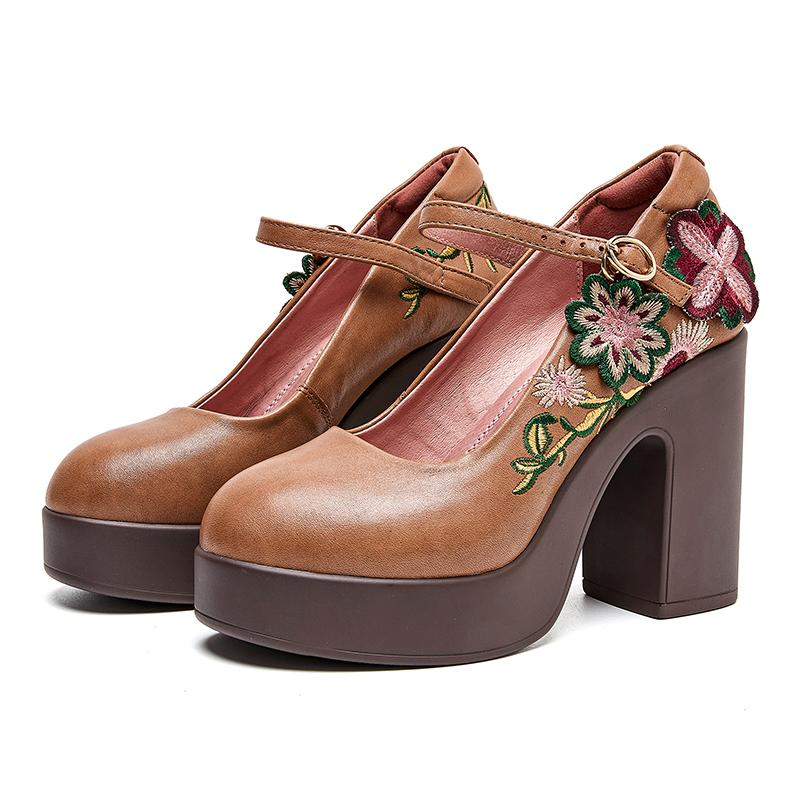 Модные туфли-лодочки GKTINOO из натуральной кожи Мэри Джейн Женская обувь 2025 Осень Новые Круглый носок Вышивка Высокие каблуки Обувь на платформе 34 6080₽