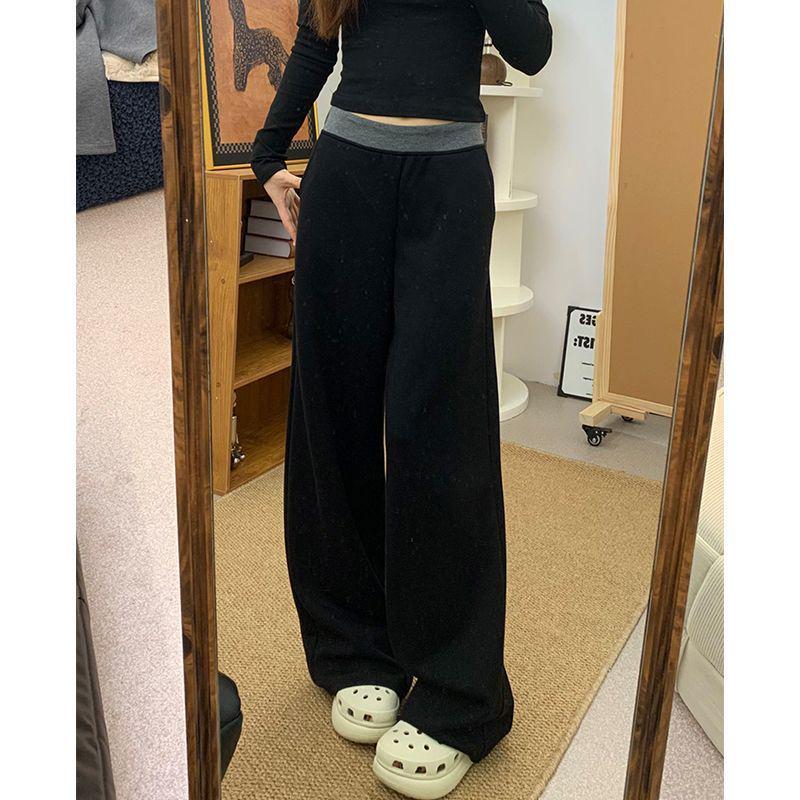 Women's Black Patchwork Wide-Leg Pants - High Waist, Loose, Slimming, Plus Size, Floor-Length for 2026 Spring/Summer.